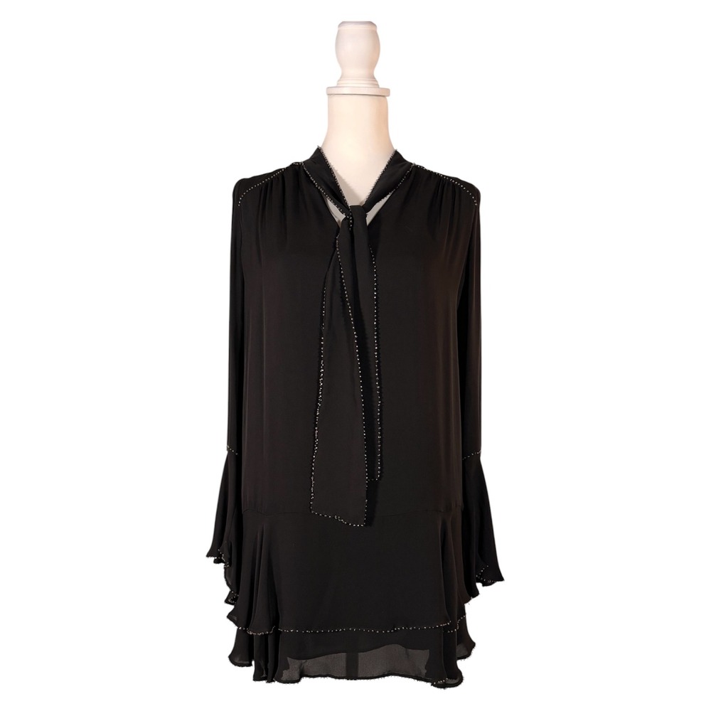 Parker Cathryn 100% Silk Black Dress Women's XS Long Bell Sleeve Whimsigoth Glam